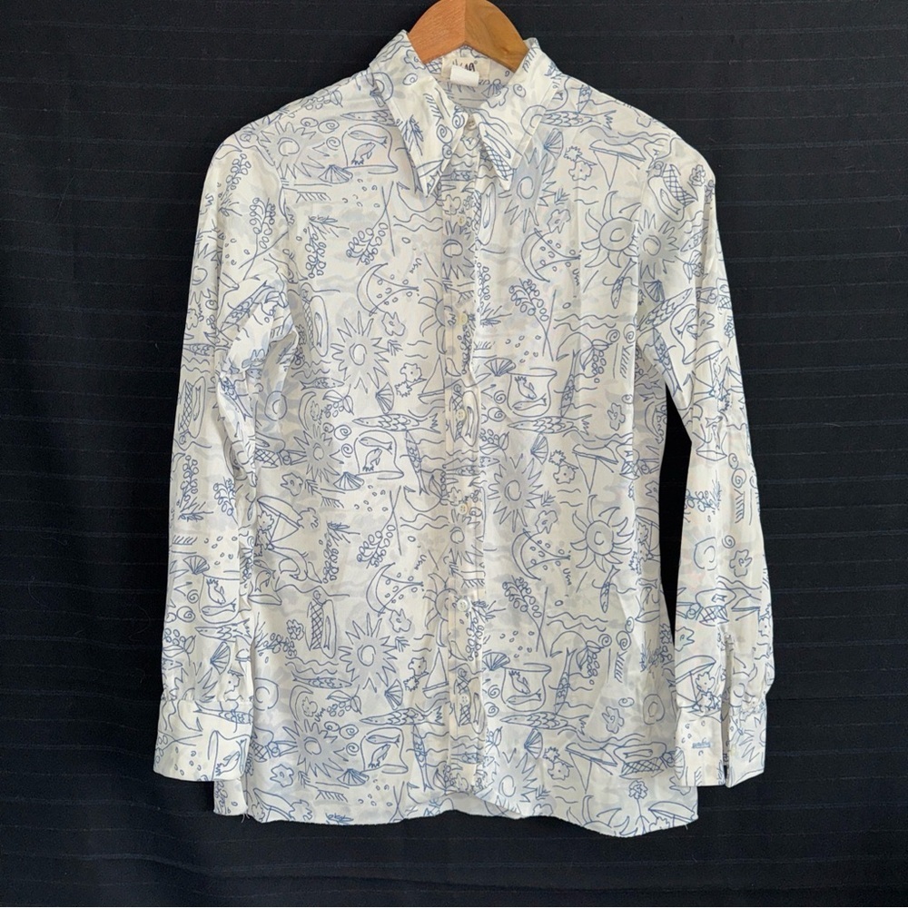 Vintage 70s Vera Neumann Womens Small Button Up Shirt White Blue Fish Tropical S